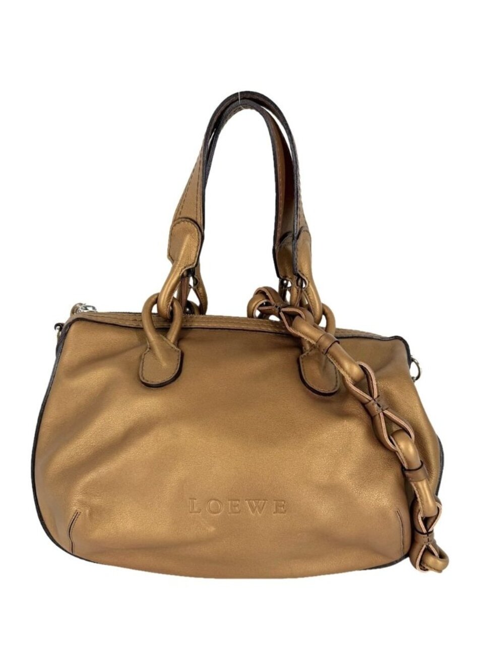 Loewe 2-Way Fiesta Metallic Handbag Shoulder Bag Brown Leather Blanc Silver